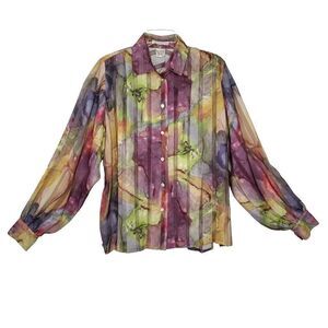 Vintage Secretary Blouse 14 L Colorful Rainbow Watercolor Stripe Purple Green